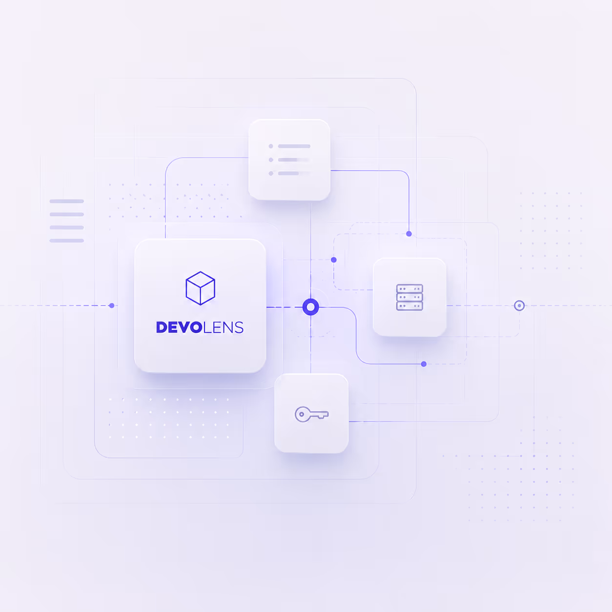 Abstract digital interface with Devolens logo and icons of data server, key, and list connected by lines.