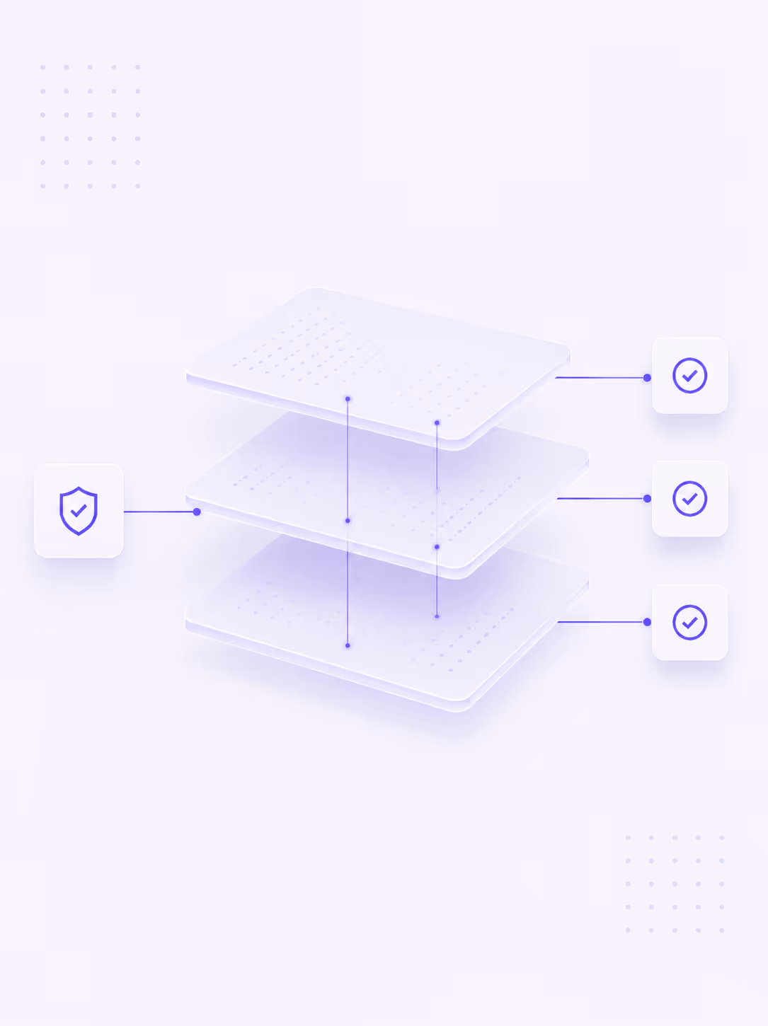 Three semi-transparent layers stacked with check marks linked, symbolizing security and verification.