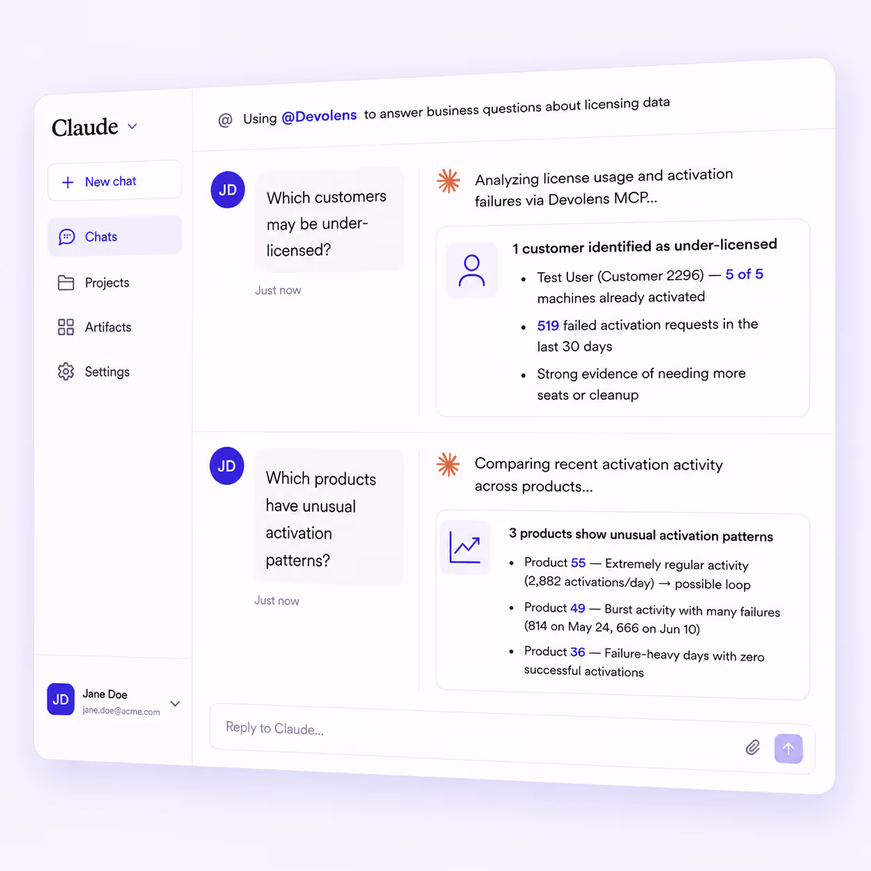 Claude AI analyzing software licensing data through the Devolens MCP, highlighting under-licensed customers and unusual activation activity.