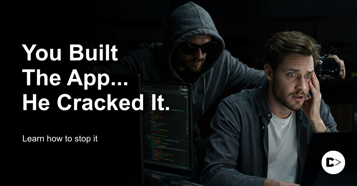 A software developer looking worried while a software pirate steals the code