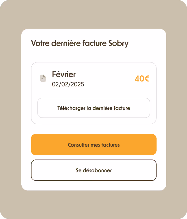 Invoice summary in French showing February 2025 bill of 40 euros with options to download the latest invoice, view all invoices, or unsubscribe.