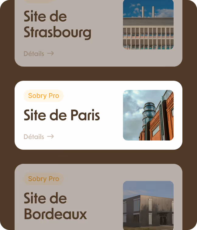 Interface affichant les sites de Strasbourg, Paris, et Bordeaux avec photos de bâtiments modernes.