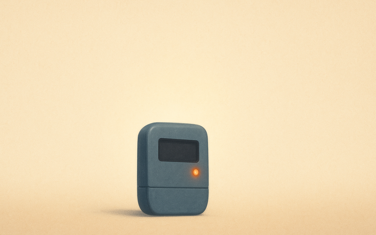 Compteur électrique résidentiel sur fond crème, avec un voyant orange