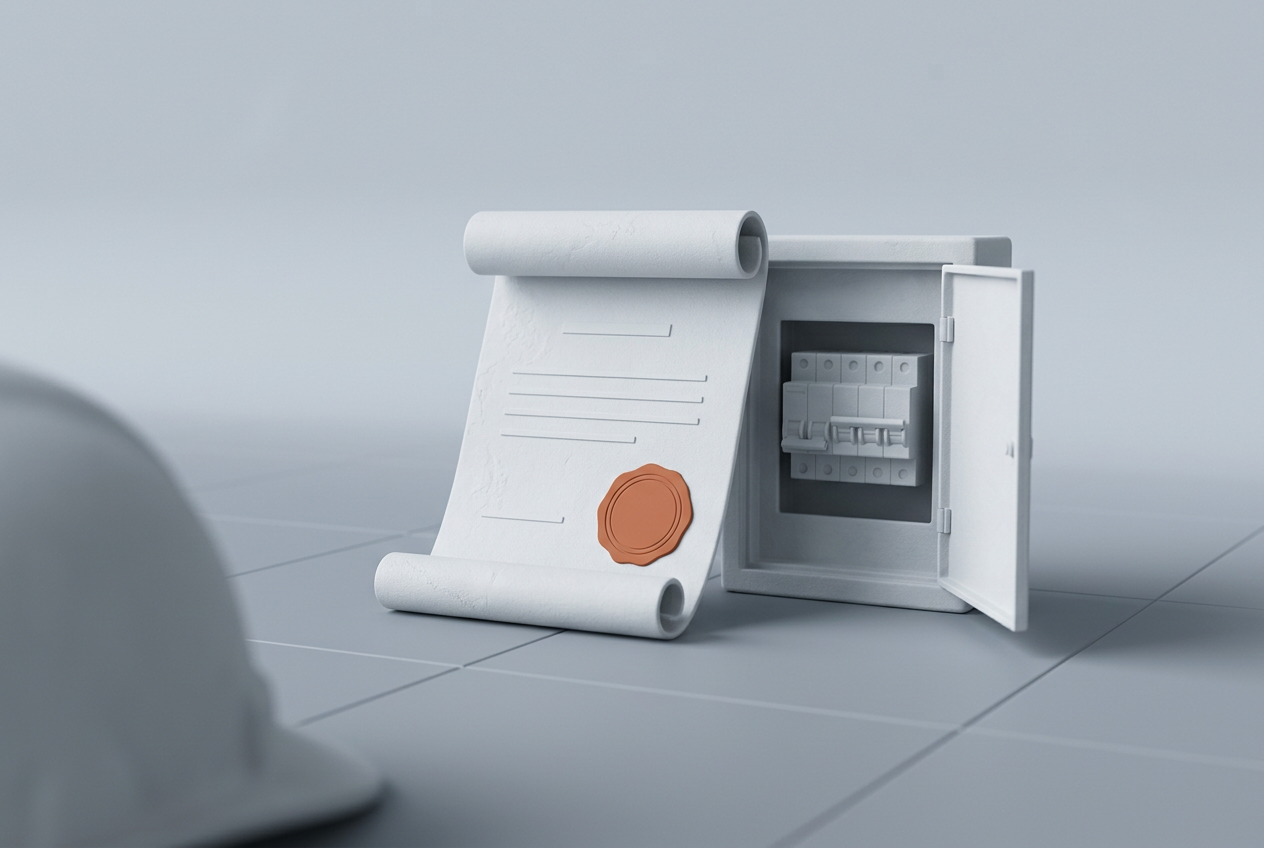 Attestation scellée d'un tampon orange contre un tableau électrique