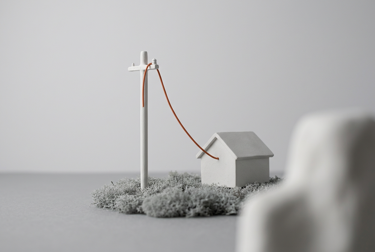 Poteau électrique relié à une maison par un câble orange, sur un carré de mousse