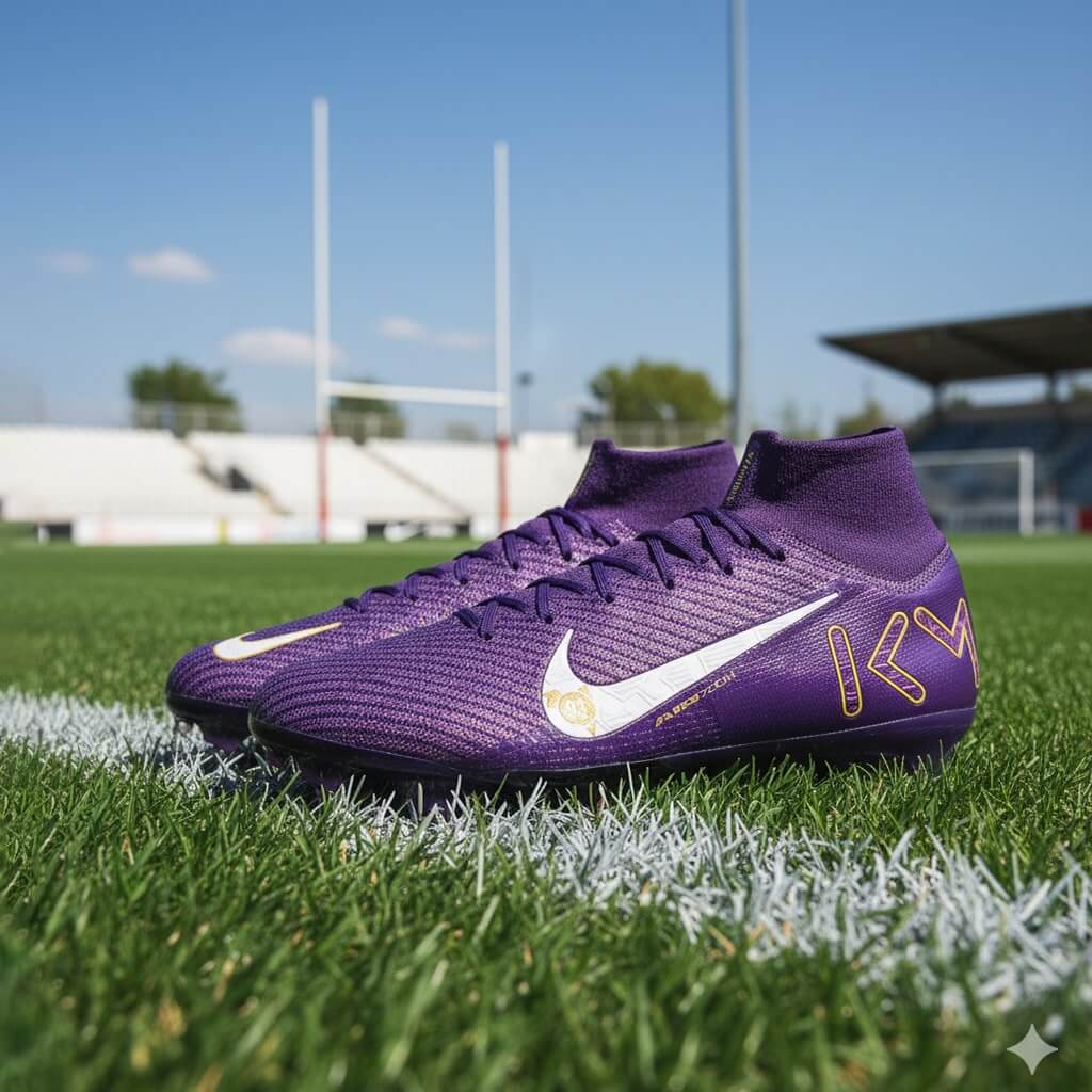  A pair of vibrant purple Nike Mercurial Superfly soccer cleats are resting on the white line of a green soccer field during the day. The cleats feature a large white Nike swoosh on the side and a gold "KM" signature near the heel. In the background, a goa