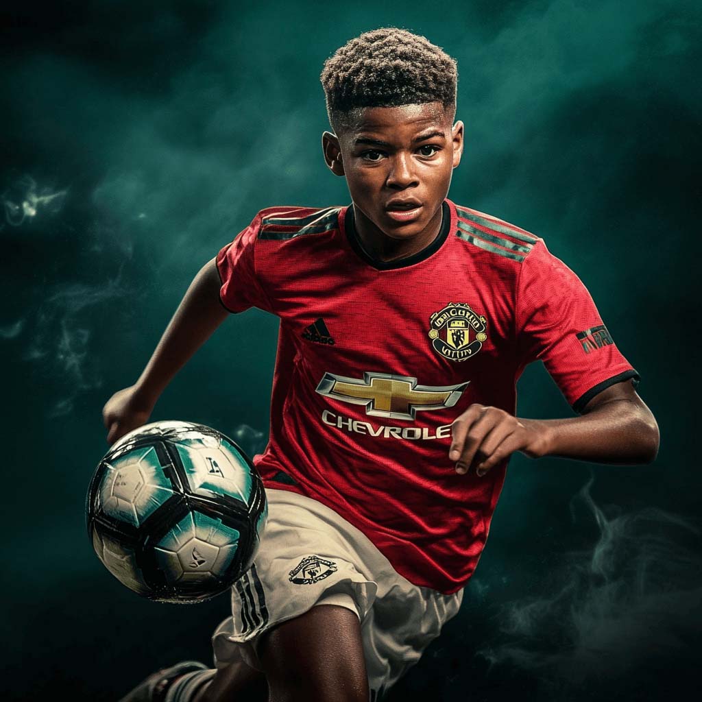 A pair of white Puma Ultra Play soccer cleats with vibrant orange accents are resting on the white line of a green soccer field. Water droplets are visible on the boots and the grass, suggesting a recent rain or morning dew. In the background, a soccer ball, a goalpost, and a blurred sunset are visible.