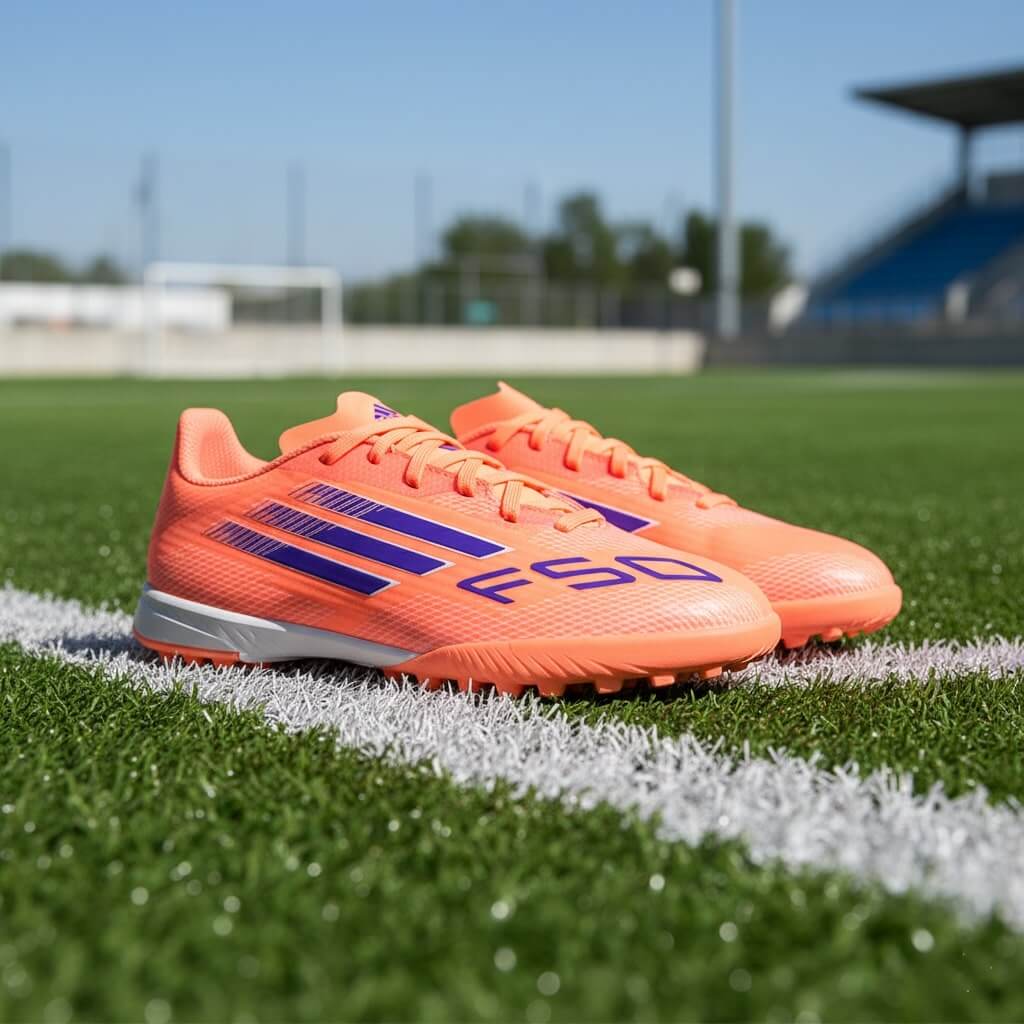 A pair of vibrant orange adidas F50 soccer cleats are resting on the white line of a green soccer field during the day. The cleats have purple stripes and a purple "F50" logo on the side. In the background, a goalpost and parts of the stadium are visible under a clear, sunny sky.