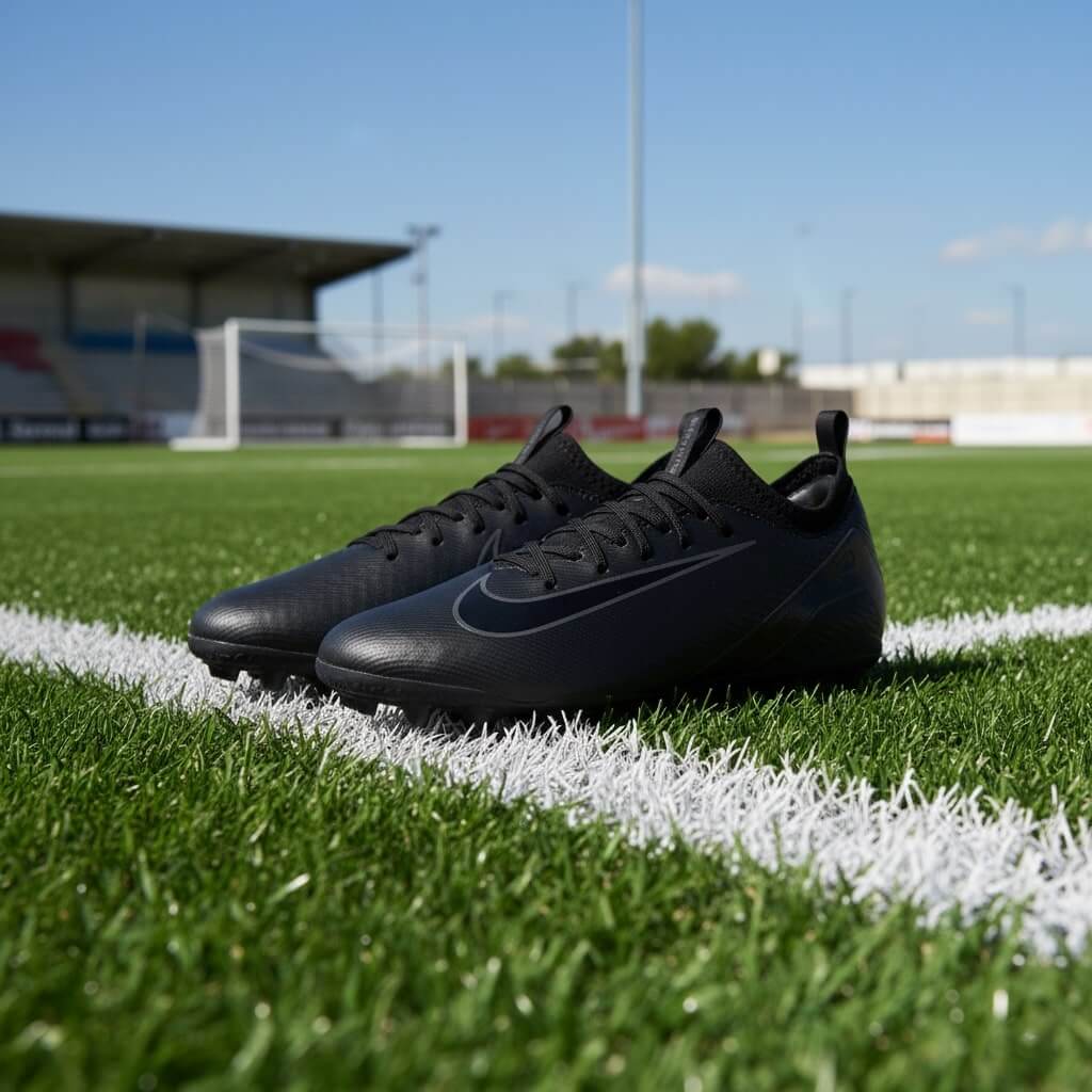 A pair of sleek black Nike Jr. Mercurial Vapor 16 soccer cleats are resting on the white line of a green soccer field during the day. The boots feature a matte black Nike swoosh on the side. In the background, a goalpost and parts of the stadium are visible under a clear, sunny sky.