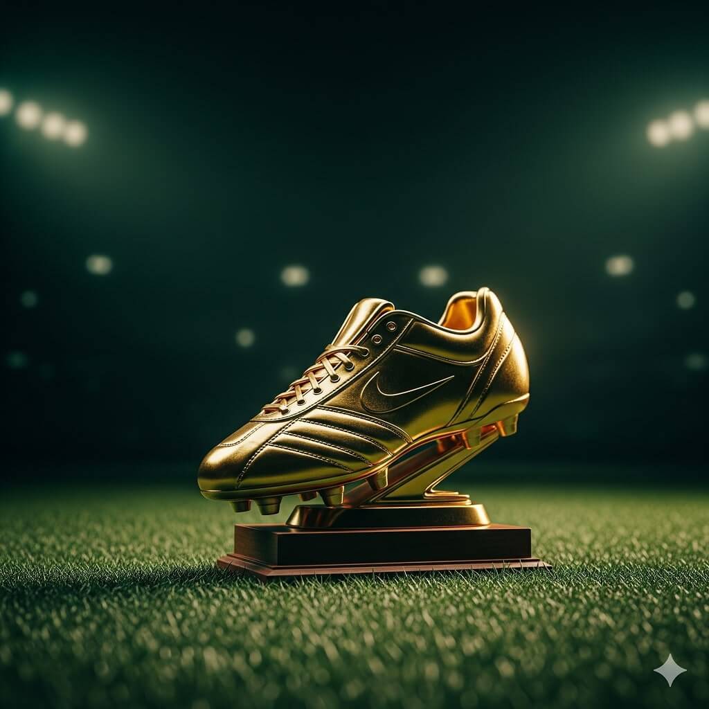  A pair of vibrant coral-colored adidas Predator soccer cleats are resting on the white line of a green soccer field during the day. The cleats have shiny silver stripes on the sides. In the background, a goalpost and parts of the stadium are visible under a clear, sunny sky.