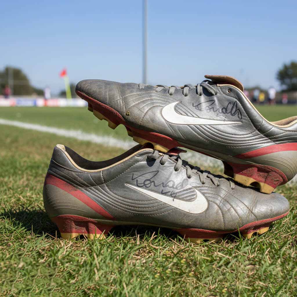 A pair of well-worn (World Cup 2022 Brasil VS England), signed Ronaldo Nazário (R9) Nike Mercurial Vapor soccer cleats are stacked on top of each other on a local soccer field. The cleats are a metallic silver-gray with red accents and a white Nike swoosh, and they show signs of match wear, with a signature clearly visible on each boot. In the background, a goalpost and field lines are visible under a clear, sunny sky.ld Cup 202