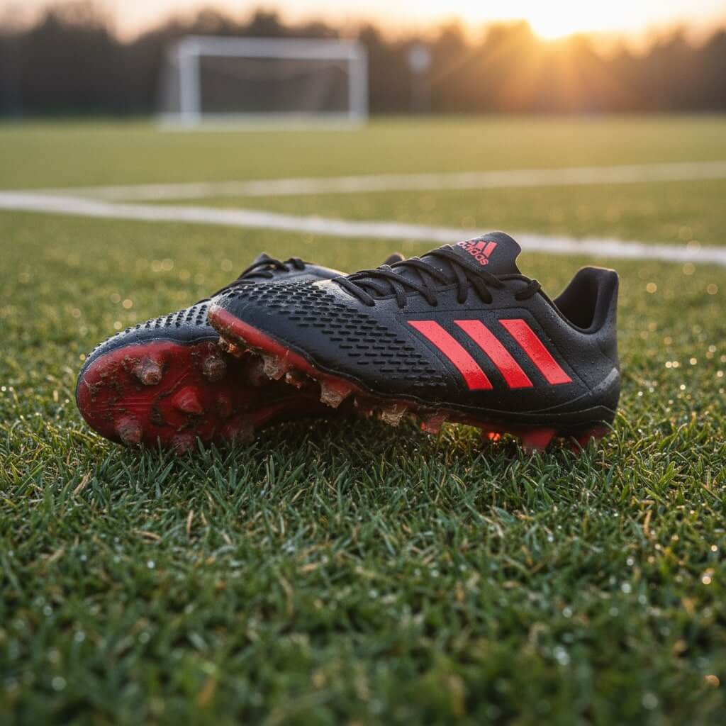 A pair of black adidas Predator soccer cleats with vibrant red stripes are resting on the white line of a green soccer field. The cleats have red studs, and one cleat is resting on top of the other. In the background, a goalpost and a sunset are visible, casting a warm glow on the scene.