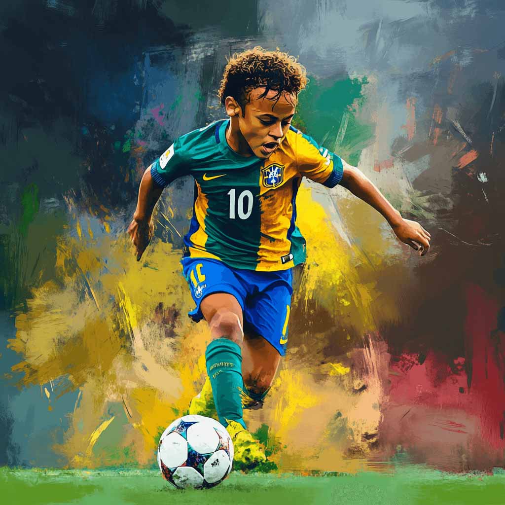  A pair of bright orange Puma Future soccer cleats are resting on the white line of a green soccer field. Beside them, a black adidas cleat with red stripes is stacked on its side. Water droplets are visible on the boots and the grass, and a golden sunset is visible in the background, casting a warm glow on the scene.