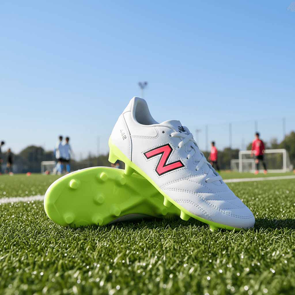 A pair of white New Balance 442 soccer cleats are resting on a green soccer field during the day. The cleats have a large, red "N" logo on the side and a bright neon-green sole. One cleat is resting on its side with its sole facing up. In the background, other players are blurred and a goalpost is visible under a clear, sunny sky.