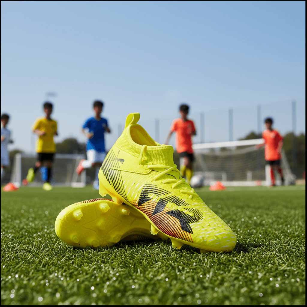  A pair of vibrant neon-yellow Puma Future 8 soccer cleats are resting on a green soccer field during the day. The boots have a black and red pattern on the side. In the background, a group of young soccer players is blurred and running on the field under a clear, sunny sky.