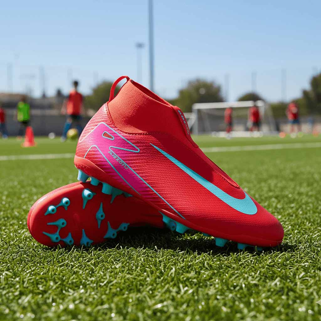 A pair of bright crimson Nike Air Zoom Mercurial Superfly soccer cleats are resting on a green soccer field during the day. The boots feature a light blue Nike swoosh and zig-zag pattern, with matching light blue studs on the sole. In the blurred background, young soccer players are visible on the field, and a goalpost stands under a clear, sunny sky.