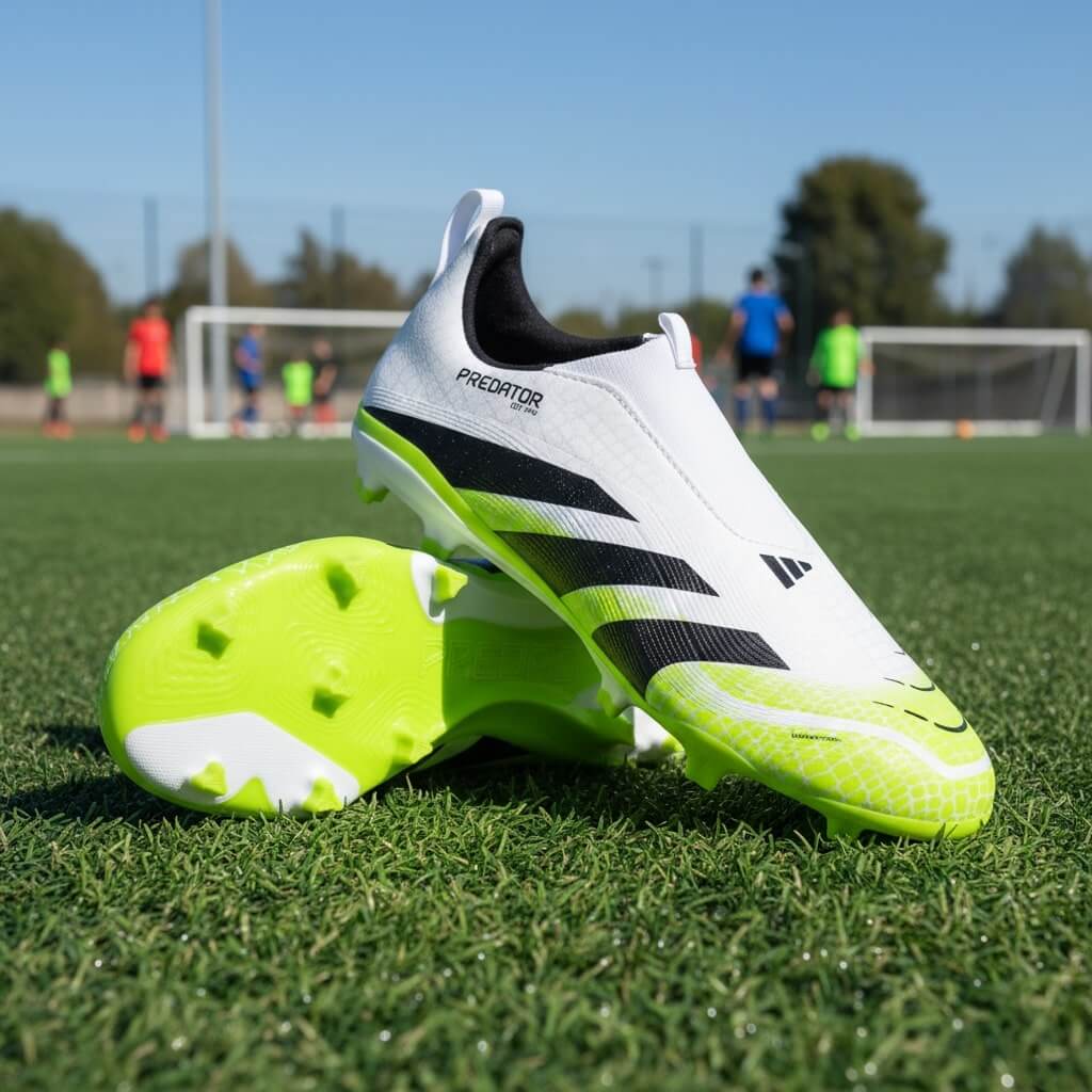  A pair of laceless white adidas Predator soccer cleats are resting on a green soccer field during the day. The boots feature a prominent black "Predator" logo, black and white stripes on the side, and a neon-green sole. In the blurred background, other soccer players are visible on the field, and a goalpost stands under a clear, sunny sky.