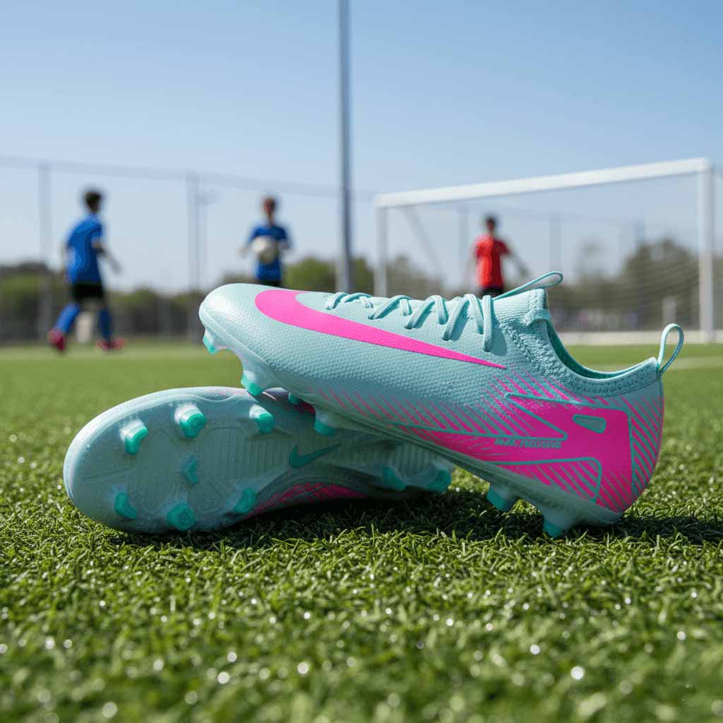 A pair of light blue Nike Jr. Mercurial Vapor soccer cleats are resting on a green soccer field during the day. The boots feature a bright pink Nike swoosh and a vibrant zig-zag pattern, with light blue studs. In the blurred background, young soccer players are visible on the field, and a goalpost stands under a clear, sunny sky.