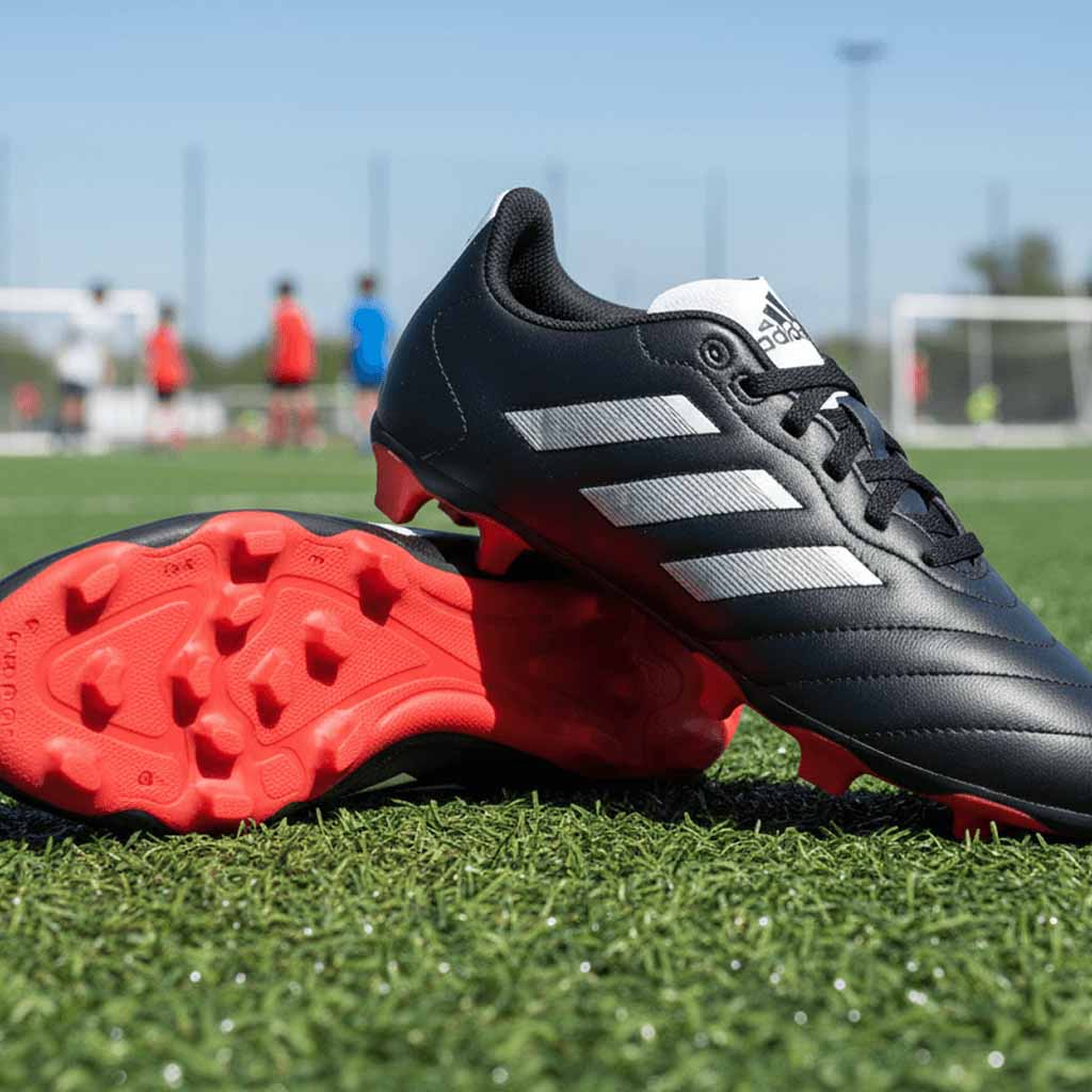 A pair of black adidas Goletto VIII soccer cleats are resting on a green soccer field during the day. The boots have shiny silver stripes on the side, a red sole with molded studs, and white laces. In the blurred background, young soccer players are visible on the field, and a goalpost stands under a clear, sunny sky.