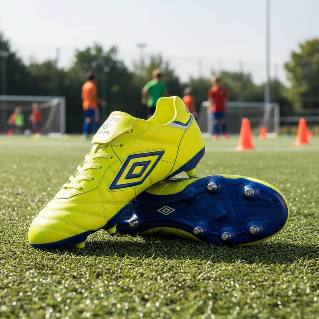 A pair of vibrant neon-yellow Umbro Speciali soccer cleats are resting on a green soccer field during the day. The boots have a large blue Umbro diamond logo on the side and a blue sole with silver metal studs. One cleat is resting on its side, showing the sole. In the blurred background, young soccer players and orange training cones are visible on the field.