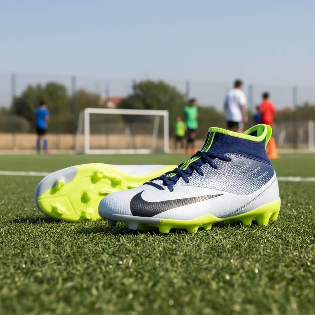 A pair of Nike Jr. Phantom GX 2 soccer cleats are resting on a green soccer field during the day. The boots are white with a textured blue and gray pattern on the upper, a large black Nike swoosh, a navy blue sock-like collar with a bright neon-yellow trim, and a neon-yellow sole with matching studs. In the blurred background, young soccer players are visible on the field, and a goalpost stands under a clear, sunny sky.