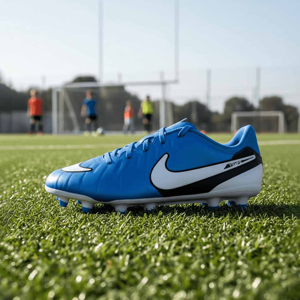 A side-profile shot of a single, bright blue Nike Jr. Tiempo Legend soccer cleat resting on a green astro turf field. The cleat has a large white Nike swoosh with black trim on the side, a white heel, and light blue studs. In the blurred background, other soccer players and a goalpost are visible under a clear, sunny sky.