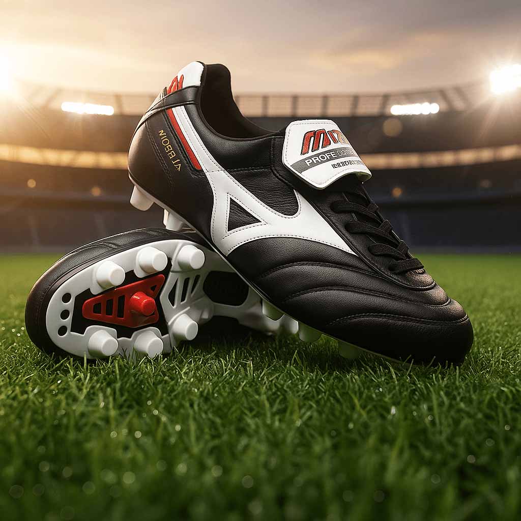 A pair of classic black Mizuno Morelia II soccer cleats are resting on a green field at sunset. The boots feature a large white Mizuno logo on the side, a white fold-over tongue, and white and red accents on the heel. The sole of one cleat is visible, showing a red stud. In the blurred background, stadium bleachers and bright lights are visible.