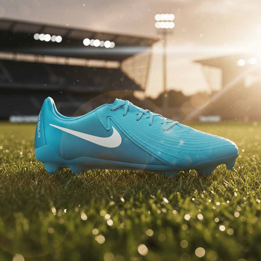A single light blue Nike Phantom GX II soccer cleat is resting on a green field. The boot has a large white Nike swoosh on the side and a white sole with blue studs. The photo is taken at sunset, with a golden glow and lens flare from the sun. In the blurred background, stadium bleachers and bright lights are visible.
