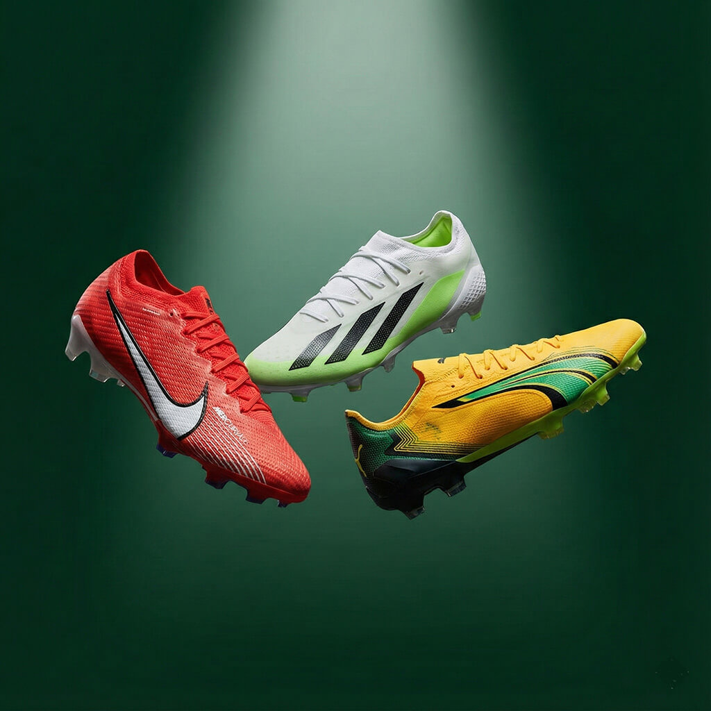 Image of Nike Jr. Mercurial Vapor 16, Adidas X Crazyfast and Puma Ultra Play are floating on a dark green background.