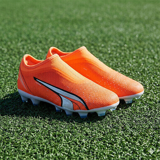 A pair of bright orange, laceless Puma Ultra football cleats with a textured mesh upper, a white and black Puma logo on the side, and a white soleplate with light blue studs. They are resting on green artificial grass under bright sunlight.
