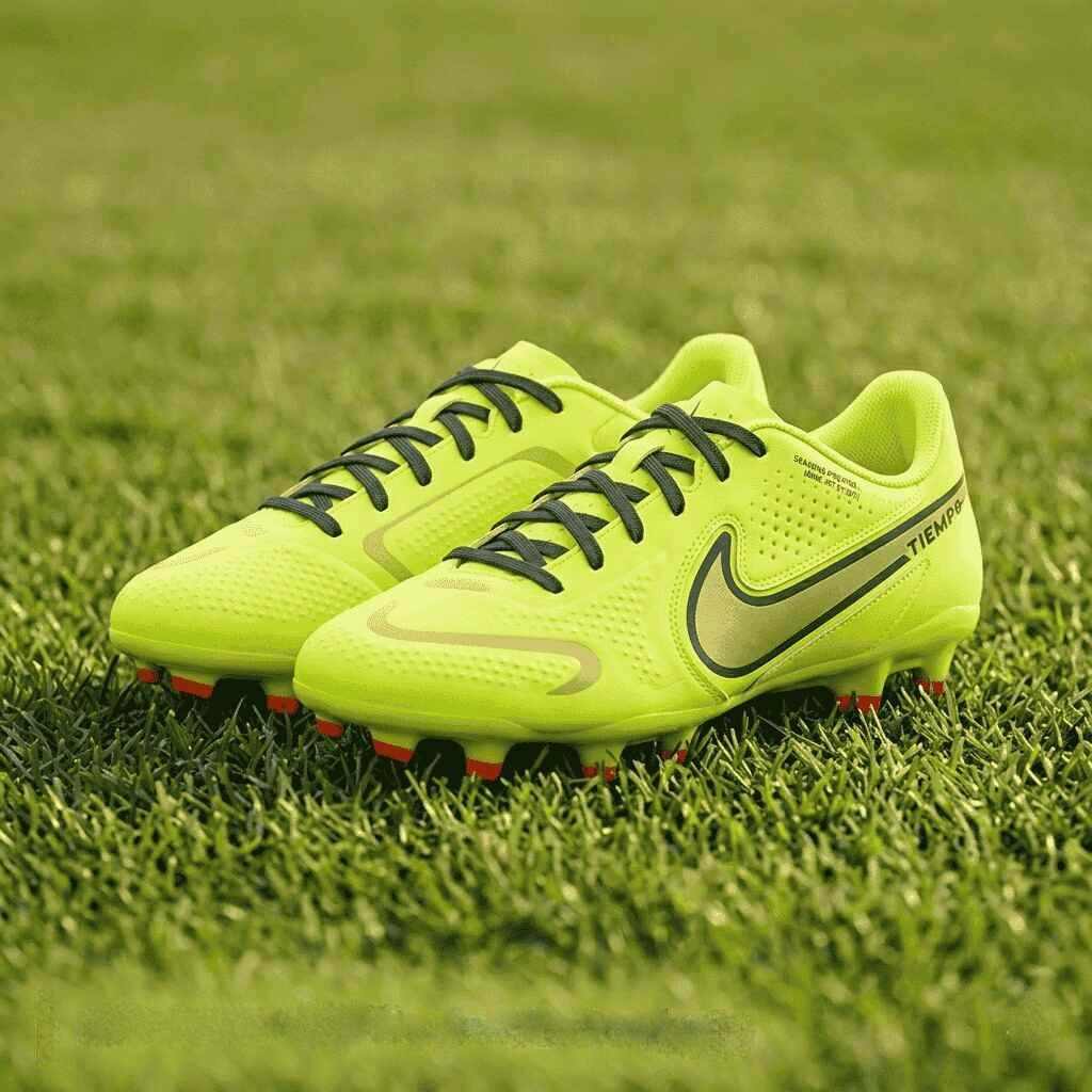 Nike Jr. Tiempo Legend 10 Academy Junior Multi-Ground (MG) football boots. A premium kids' football shoe featured on the Junior Striker Top 10 list, shown on a real grass pitch background with gold accents