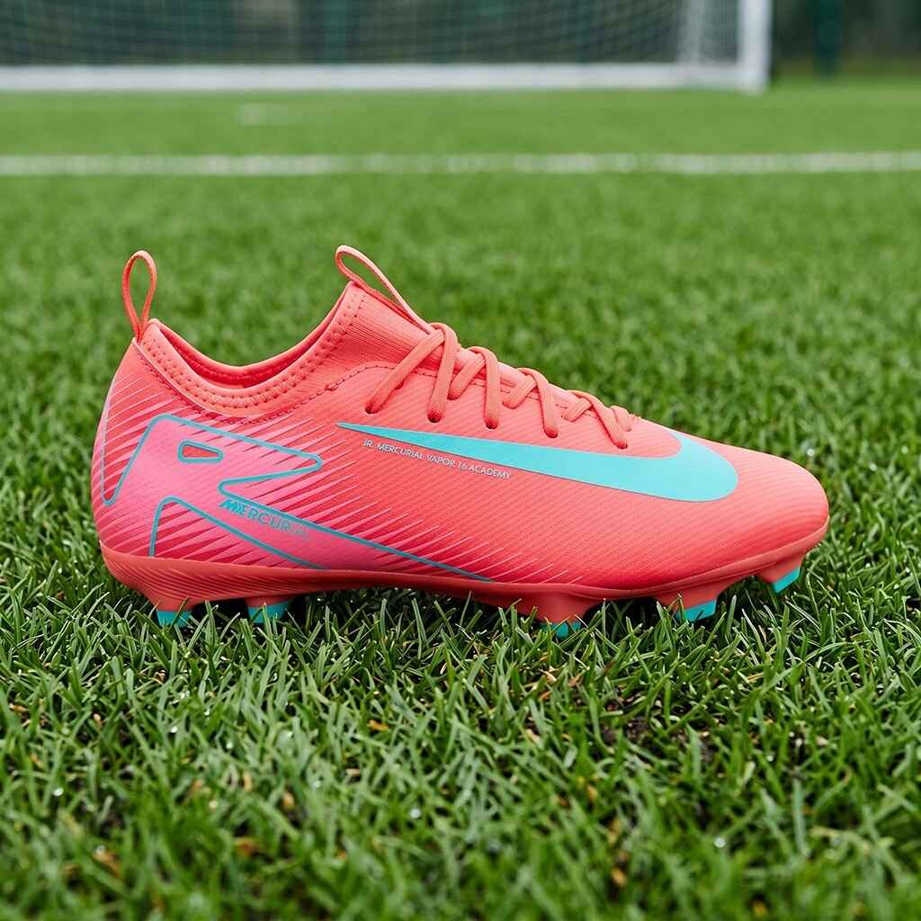 A bright pink and blue Nike Jr. Mercurial Vapor 16 Academy football boot for kids, shown in a sharp profile view on a lush green grass football pitch. In the soft-focus background, a football goal is visible, highlighting the 'speed boot' design tailored for young strikers