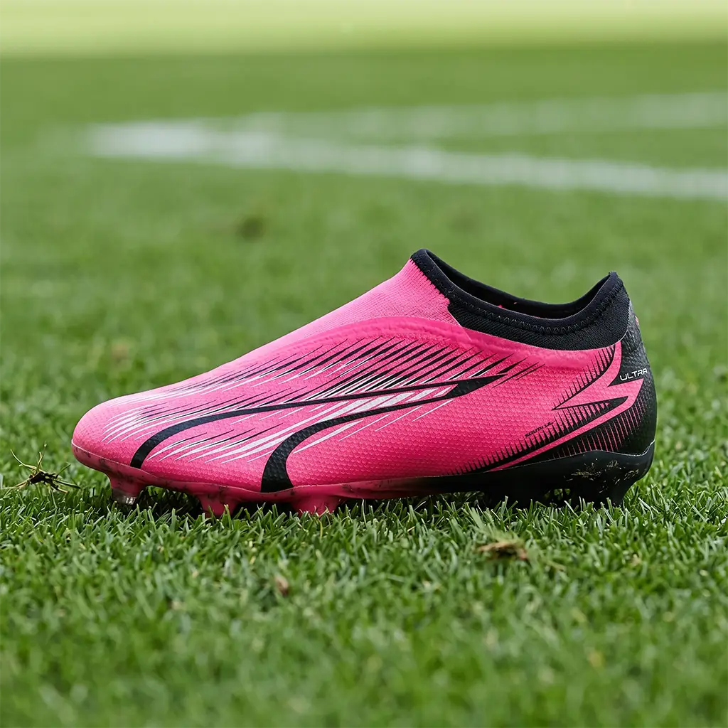A profile view of the pink and black Puma Ultra Match LL (Laceless) Youth FG/AG football boots. The boot is shown on a manicured grass pitch, highlighting the sleek laceless mesh upper and the supportive knit collar designed for speed. Featured on the Junior Striker Top 10 list