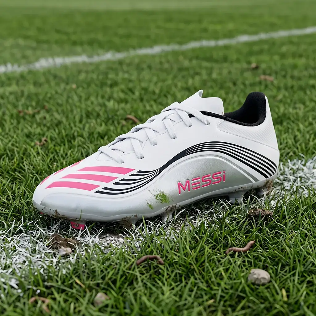 Adidas F50 League Jr Messi Edition kids' football boots. White and pink speed boots for junior players shown on a natural grass surface, featuring the Sprintgrid pattern for ball control. Part of the Junior Striker Top 10 list