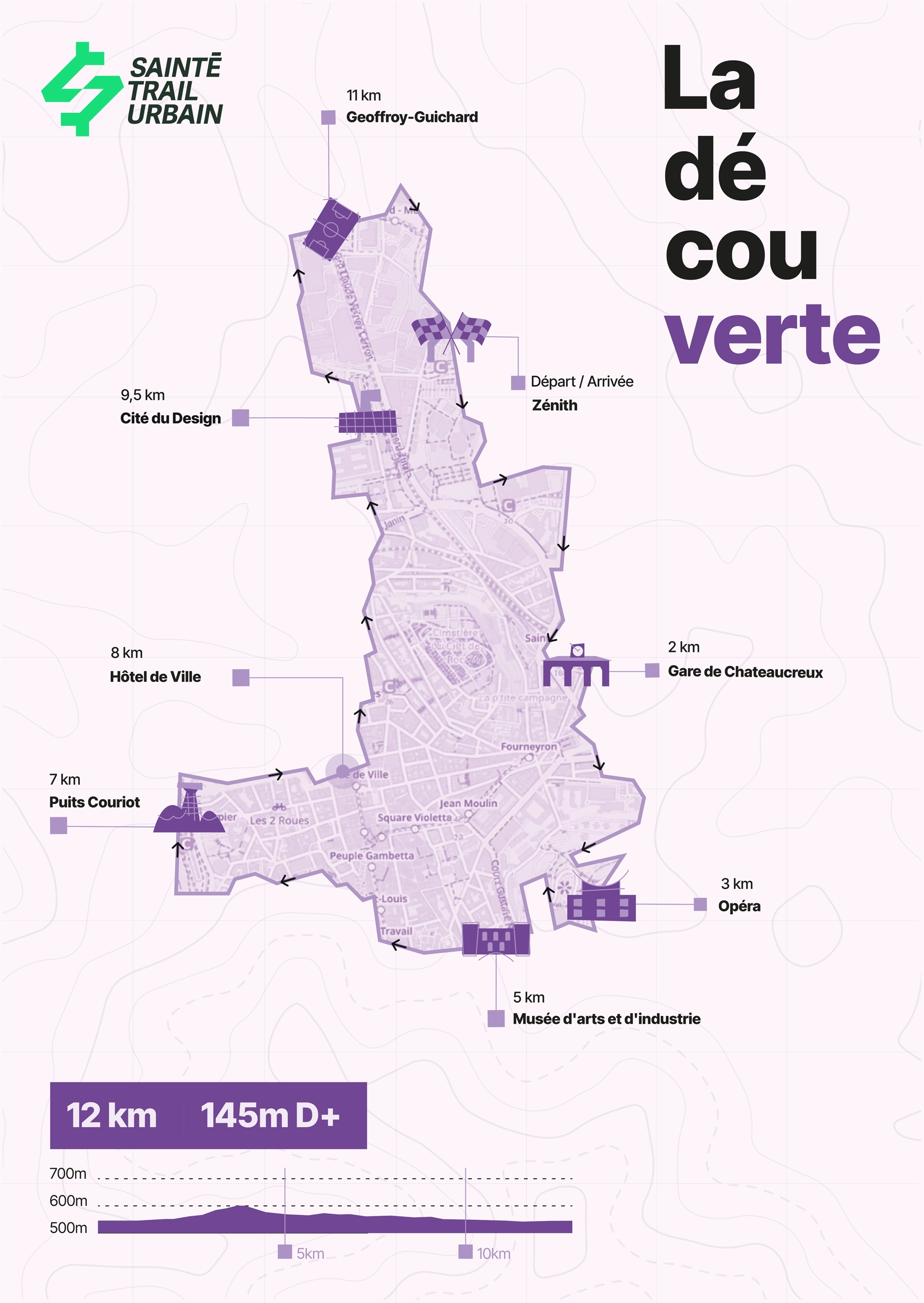 Carte du parcours du 12 km de la Sainté Trail Urbain.