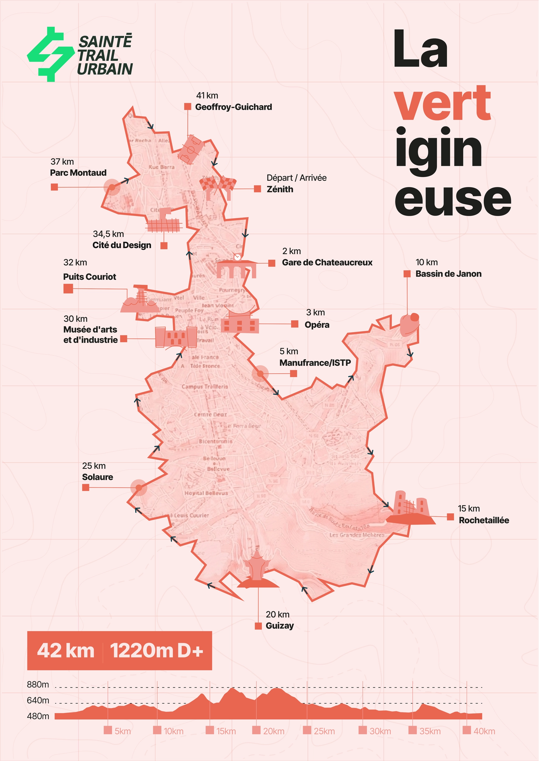 Carte du parcours du 42 km de la Sainté Trail Urbain.
