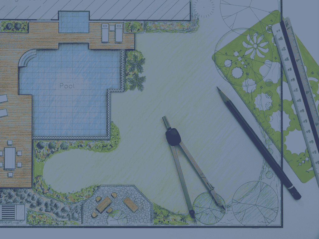 schematics for the plan of a backyard with a poo and deck.