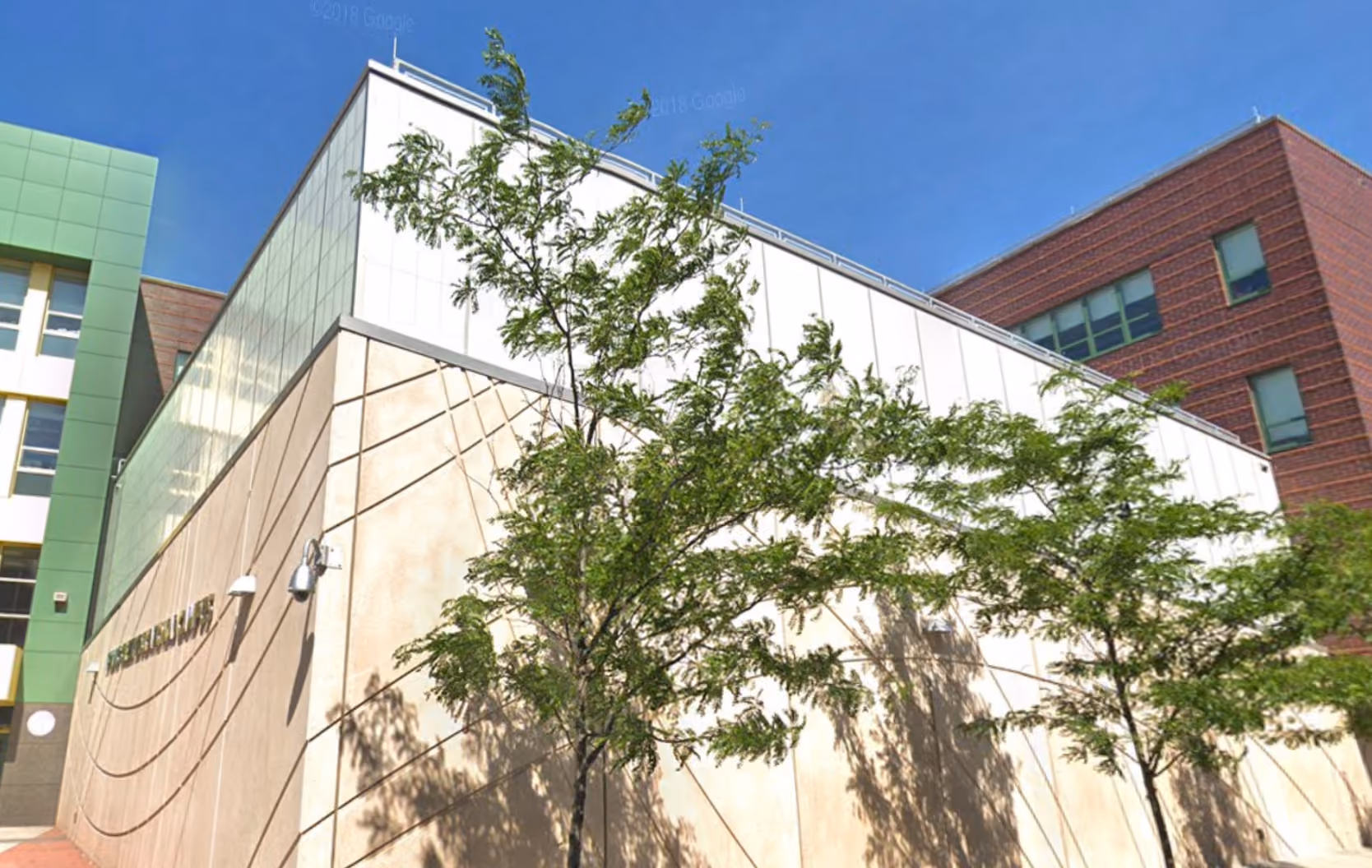 "Modern school building with trees"