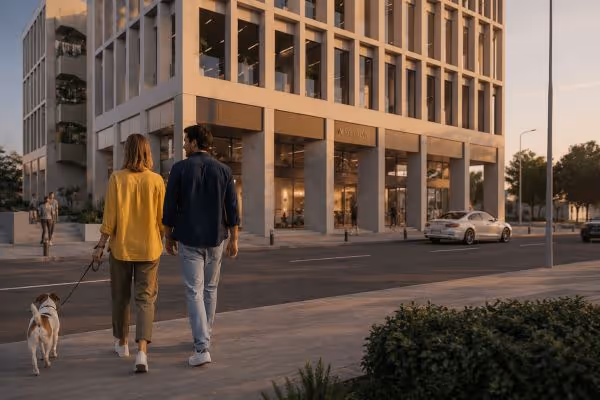 Couple walking a dog on a city sidewalk near a modern office building at sunset.