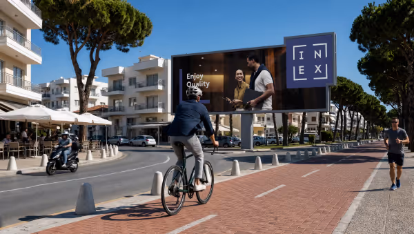 Man rides bike past large INEX billboard showing two smiling people with text Enjoy Quality.