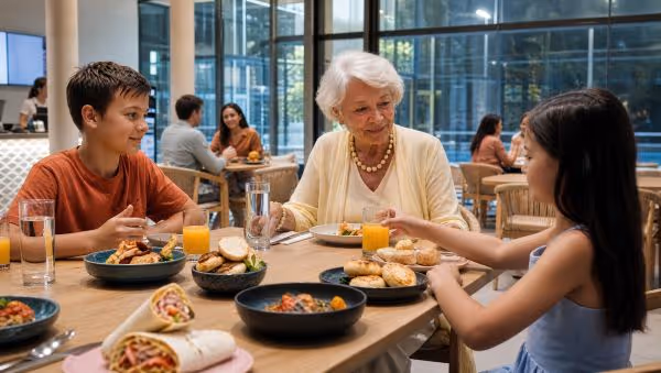 A elderly woman and two children sitting around a table with drinks and food in a modern cafe.
