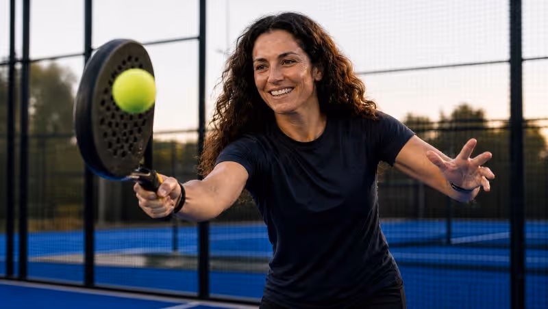 Smiling woman with curly hair hitting a yellow ball with a paddle on a blue padel court.