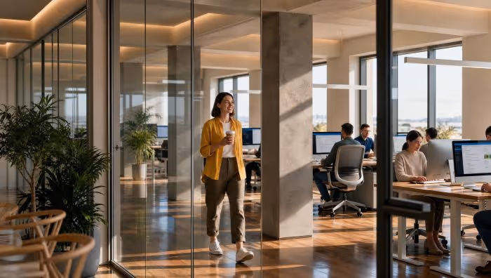 Woman walking inside modern office with glass walls holding coffee cup, coworkers at desks with computers nearby.