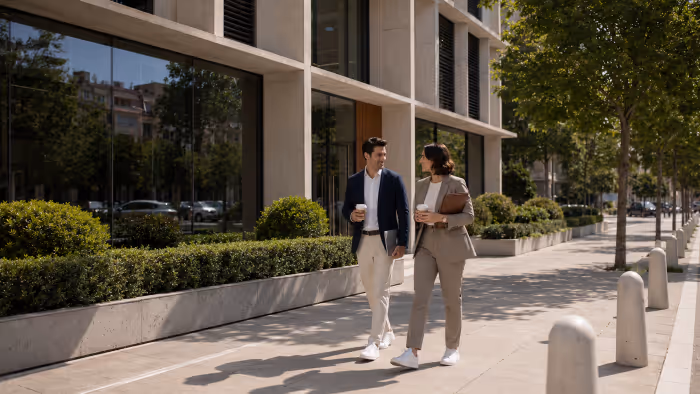 A man and woman in business attire walking and talking on a sidewalk beside a modern office building.