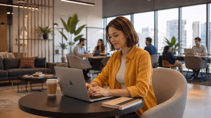 Woman in yellow shirt typing on laptop at a round table in a spacious, modern office with plants.