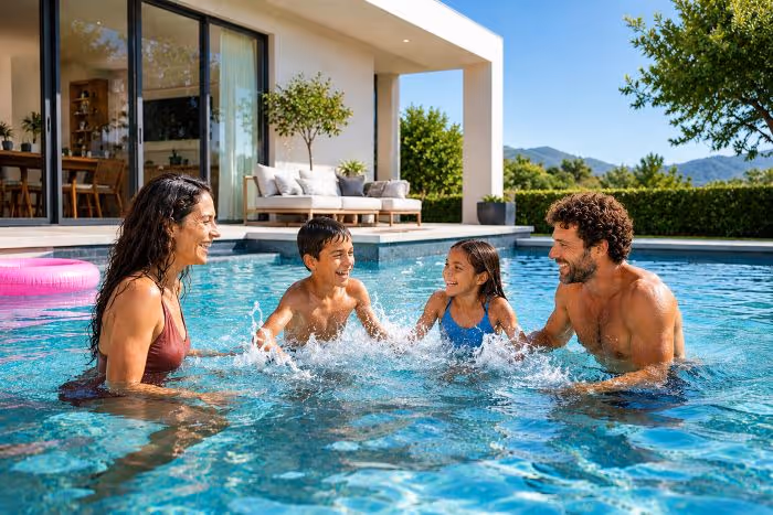 Smiling family of four splashing water while standing in a backyard pool near a modern house.