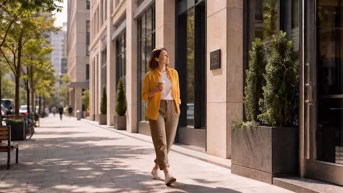 Woman walking on sunny city sidewalk holding a coffee cup and smiling.