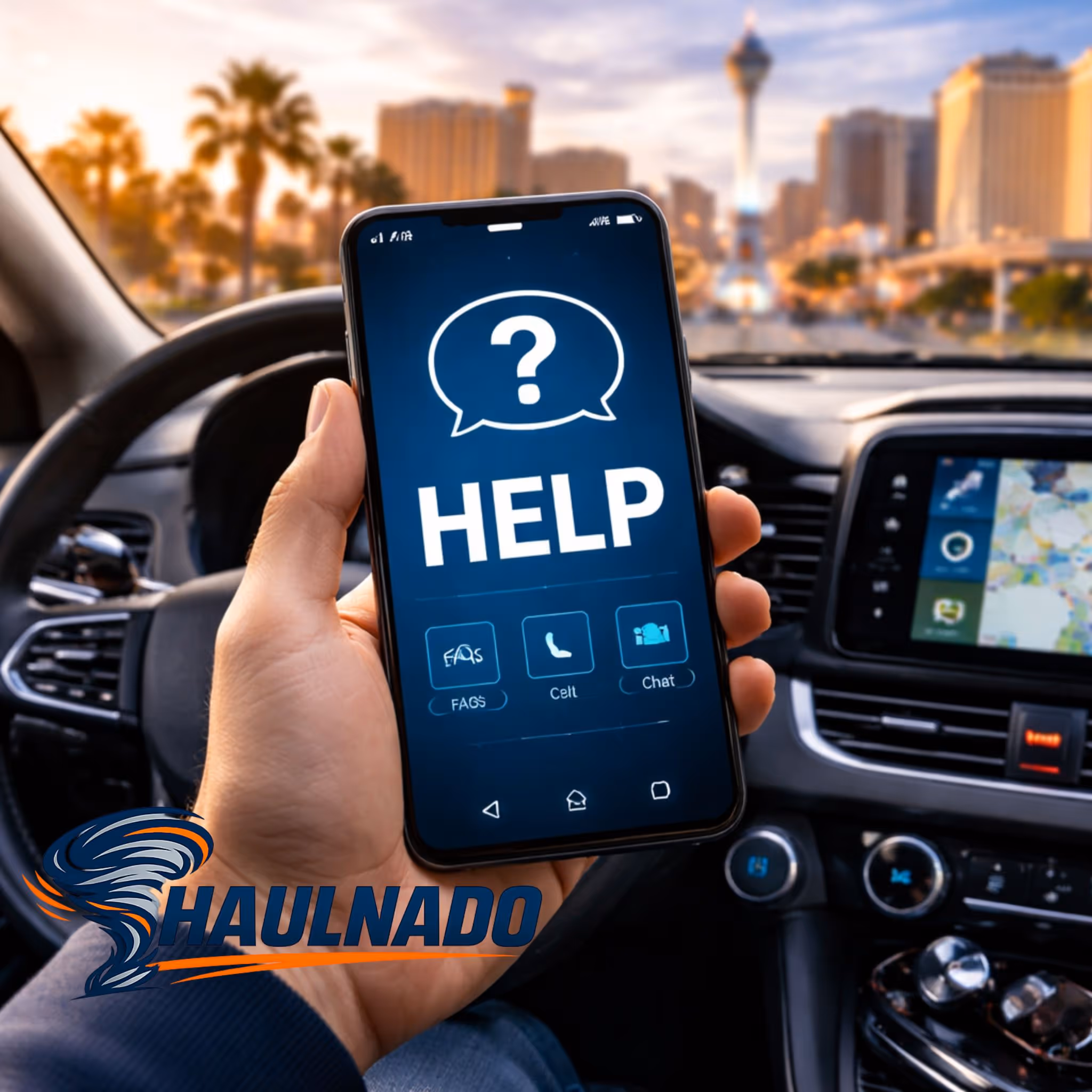 Haulnado FAQ page graphic showing a driver in a car using a smartphone for help, chat, and roadside service questions.