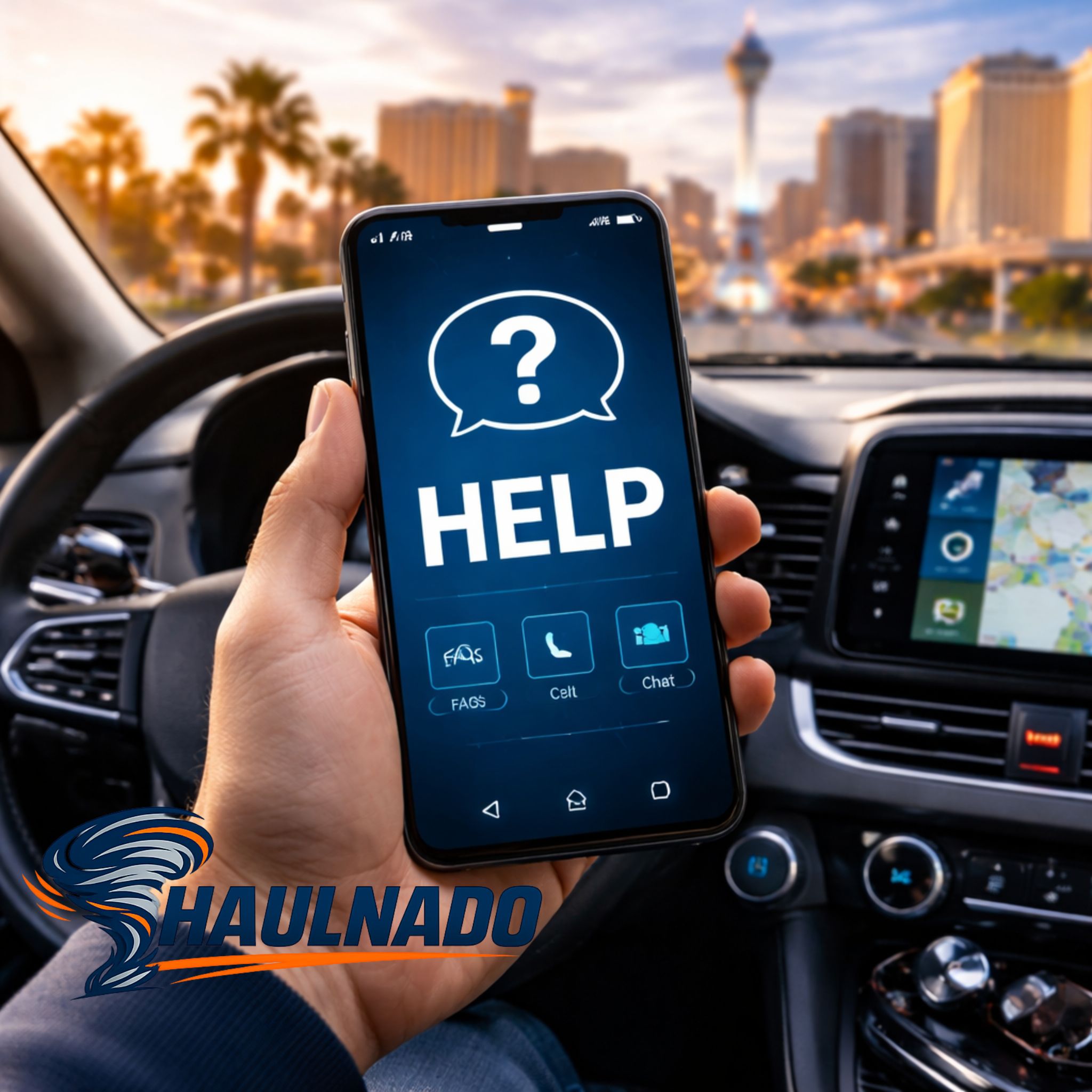 Haulnado FAQ page graphic showing a driver in a car using a smartphone for help, chat, and roadside service questions.