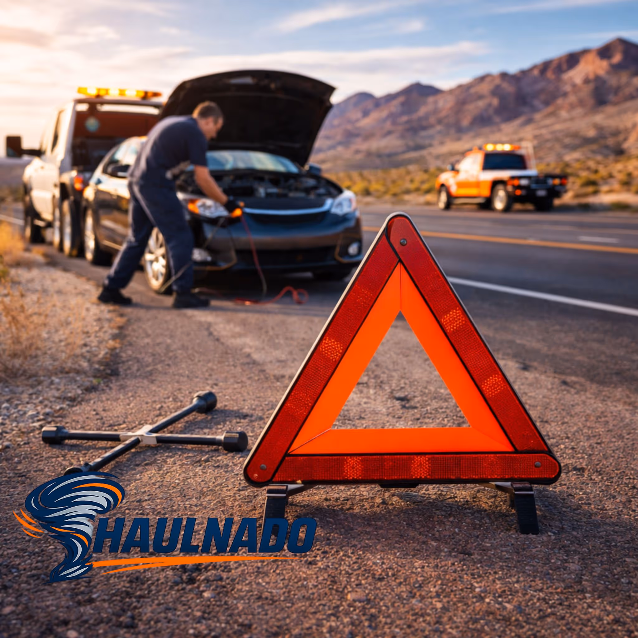 Haulnado roadside assistance, driver helping a stranded car on the shoulder with warning triangle in Las Vegas.